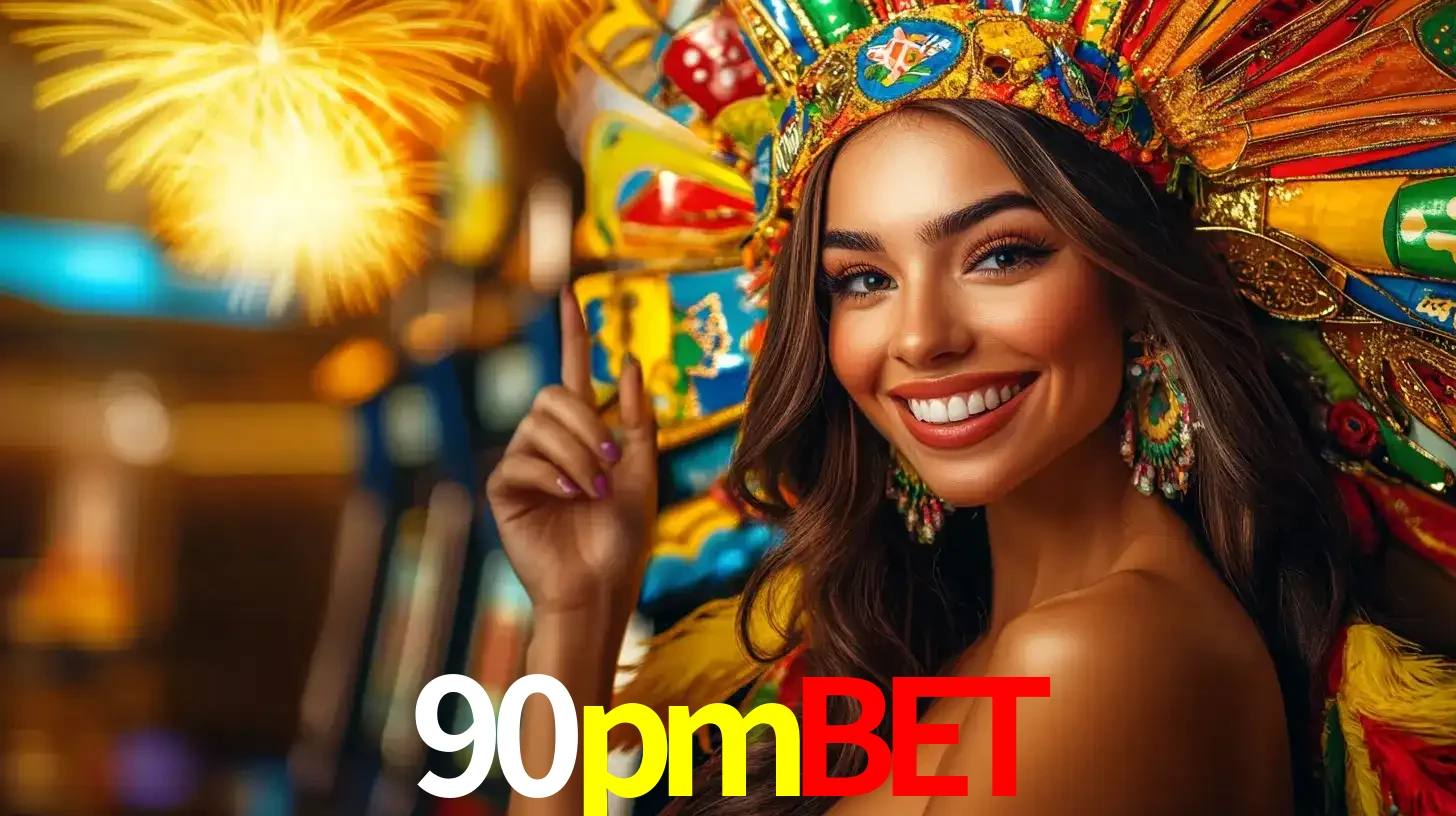 Mulher sorridente com um cocar de carnaval vibrante e colorido, celebrando uma grande vitória nos jogos do cassino 90pmbet com fogos de artifício ao fundo.