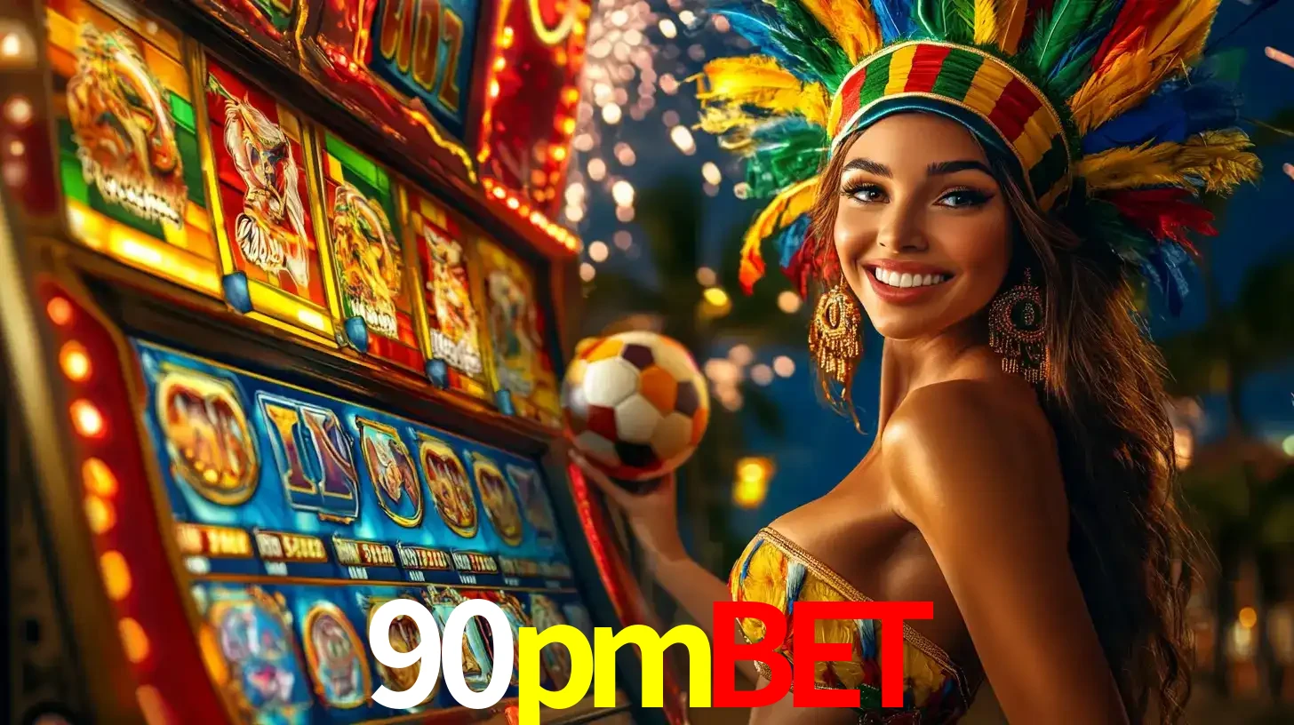 Mulher com um cocar de carnaval ao lado de uma máquina de caça-níqueis enquanto segura uma bola de futebol, mostrando a união da diversão de cassino e esportes no 90pmbet.