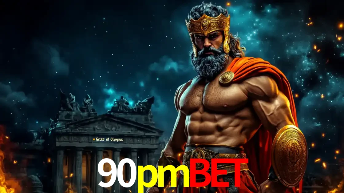 O poderoso Zeus do jogo de slot Gates of Olympus em frente ao seu templo, pronto para lançar multiplicadores divinos e prêmios épicos no cassino online 90pmbet.