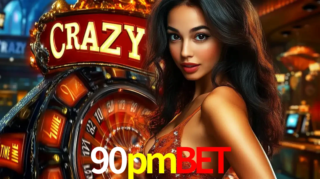 Mulher glamourosa olhando para a câmera com a roda vermelha do Crazy Time ao fundo em um ambiente de cassino, destacando a emoção dos jogos ao vivo no 90pmbet.