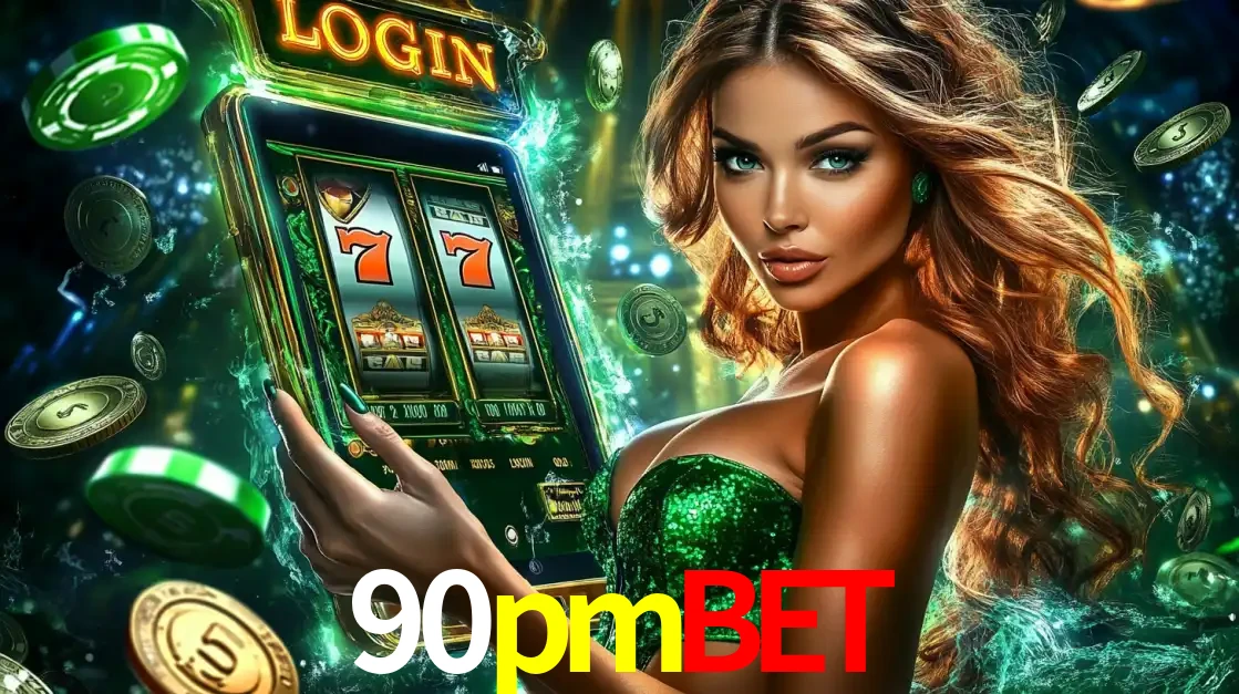 Mulher com tema verde apresentando o aplicativo do cassino 90pmbet com um jogo de slot de 777, cercada por fichas de cassino e uma aura de sorte.