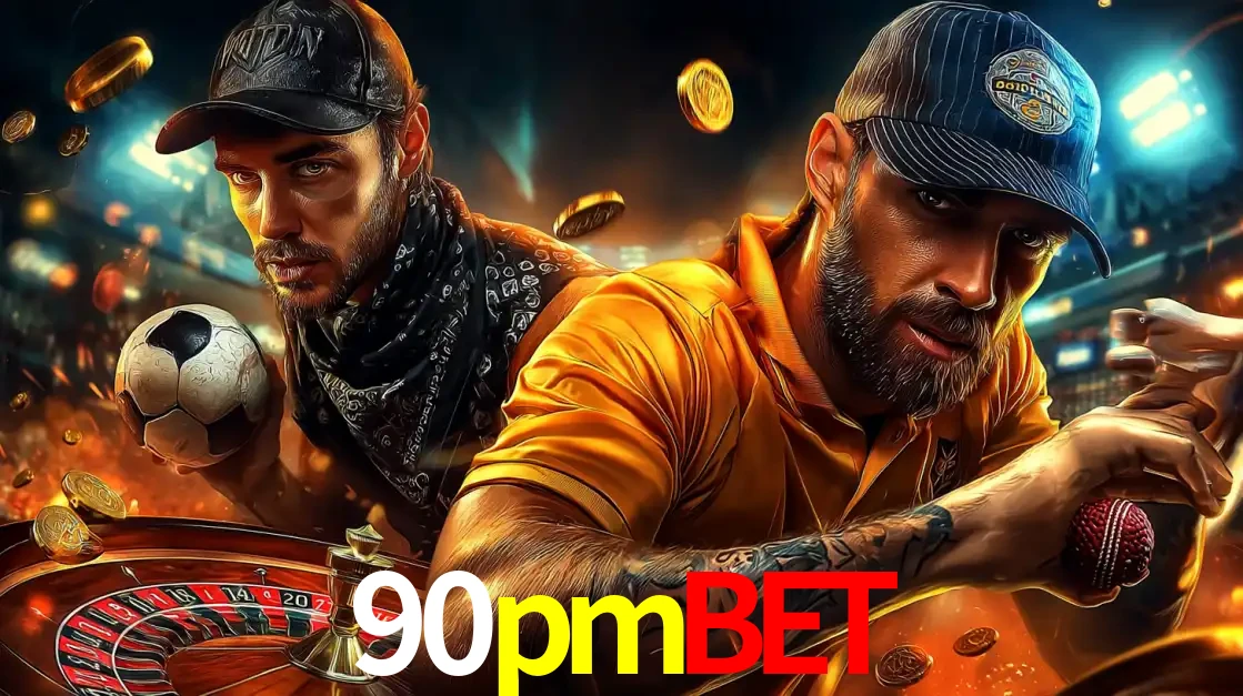 Montagem de apostas esportivas e cassino no 90pmbet, com um homem segurando uma bola de futebol e outro uma de beisebol sobre uma roleta e moedas voadoras.