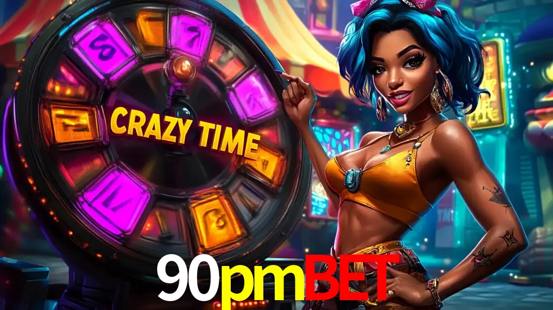 Mulher estilizada com cabelo azul e visual vibrante posando ao lado da roda de prêmios do game show Crazy Time, convidando para a diversão e os bônus do cassino 90pmbet.