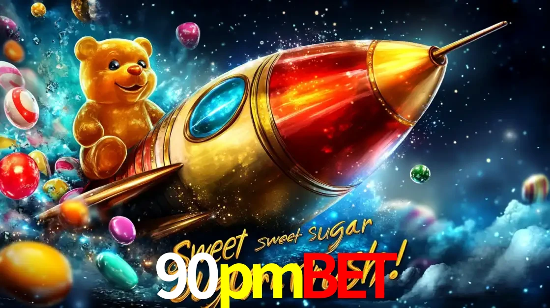 Arte promocional do jogo de slot Sugar Rush, com um urso de pelúcia em um foguete viajando pelo espaço de doces, um dos jogos divertidos disponíveis no cassino 90pmbet.