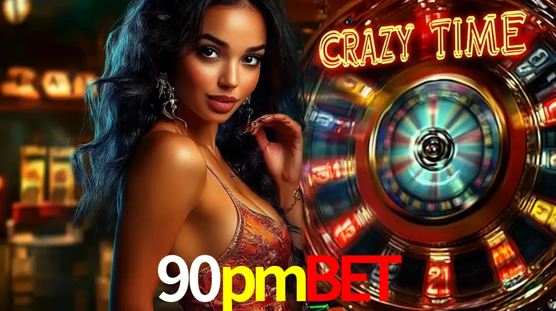 Mulher elegante ao lado da vibrante roda da fortuna do jogo de cassino ao vivo Crazy Time, um dos game shows mais populares e cheios de prêmios do 90pmbet.