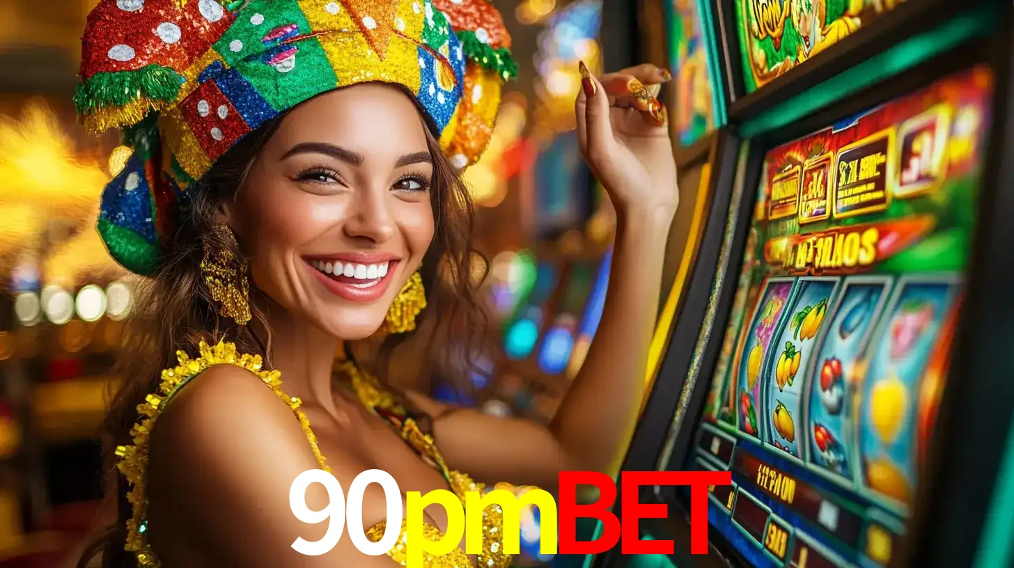 Mulher feliz com traje de carnaval amarelo e colorido ao lado de uma máquina de caça-níqueis, aproveitando a diversão e os jogos temáticos do cassino 90pmbet.