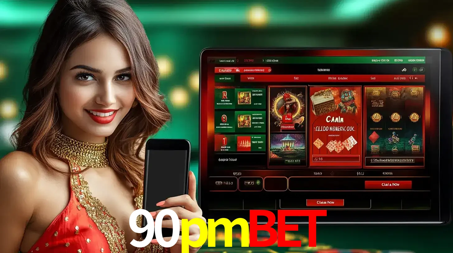 Mulher sorridente segurando um smartphone, ao lado de uma tela exibindo o lobby de jogos do cassino online 90pmbet, com várias opções de jogos de cartas e slots.